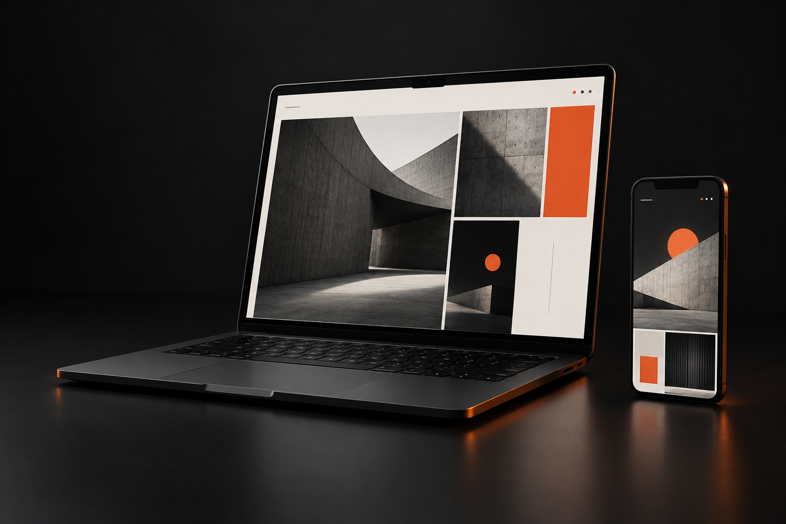 Ordinateur portable ouvert et téléphone affichant une interface éditoriale noire, blanche et orange